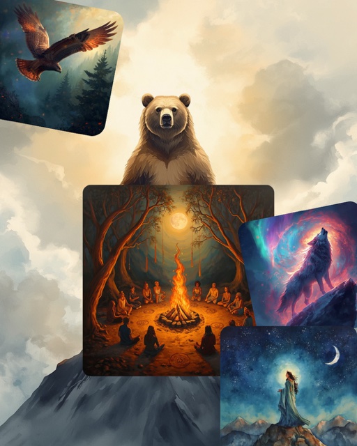 Illustrated collage for the Dream Circle: a circle of people seated around a fire in a moonlit forest, with a hawk in flight, a bear, a howling wolf against the night sky, and a woman standing on a mountain beneath a crescent moon.